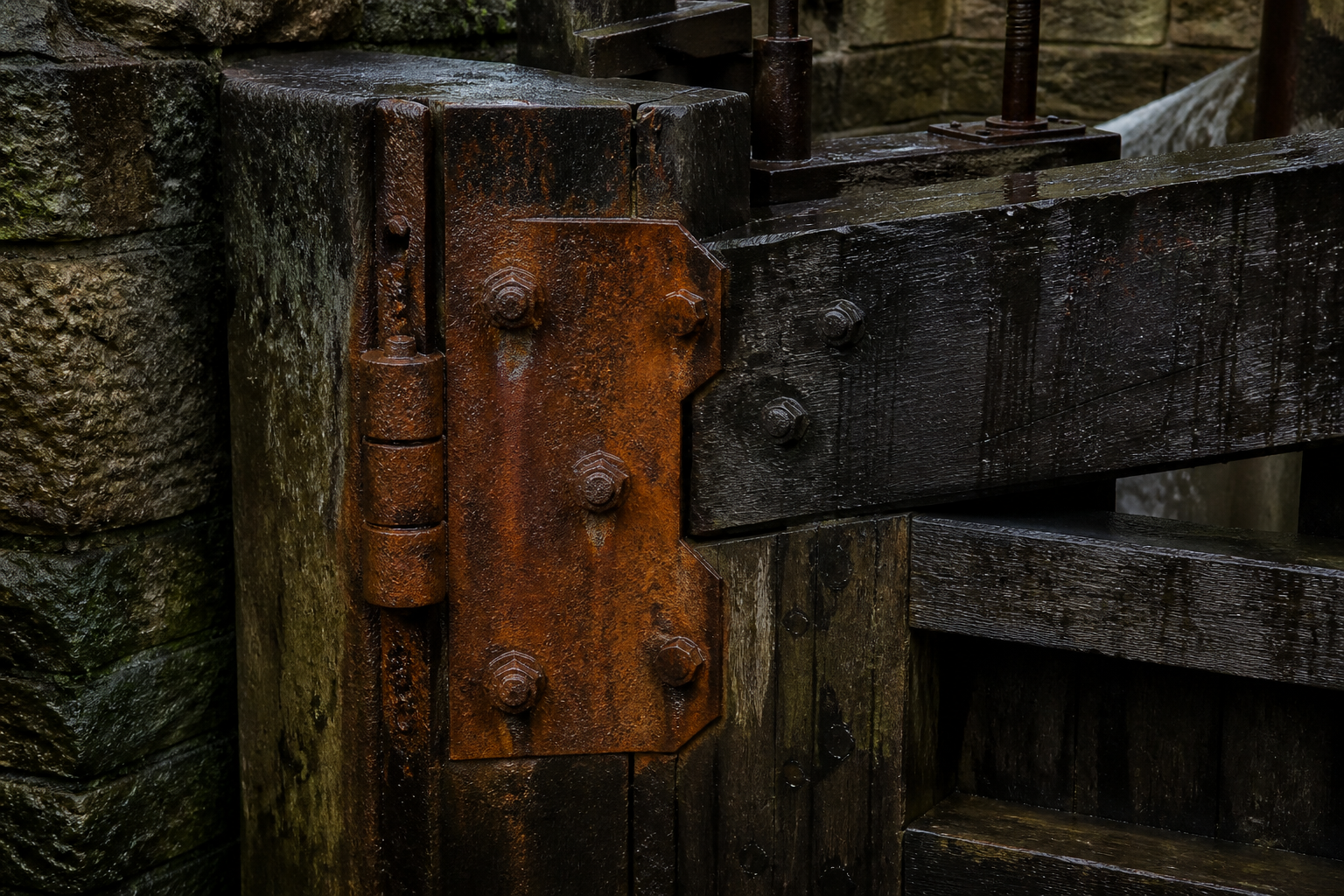 Oxidised iron hinge plate on wet lock-gate timber