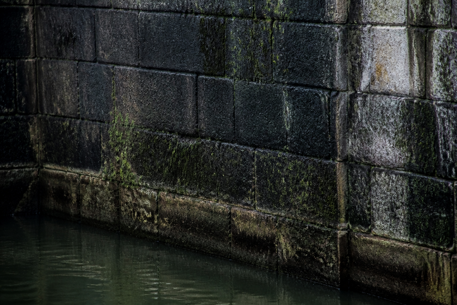 Moss-dark limestone edge of a lock chamber with damp seams