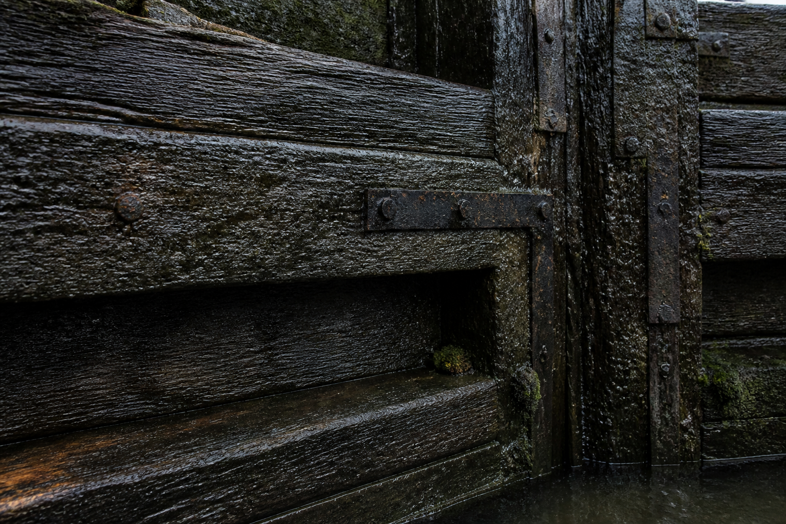 Dark swollen timber grain of a lock gate